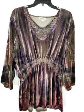 One World Women Velvet V-Neck Top with Embellished Neckline - Purple Multi
